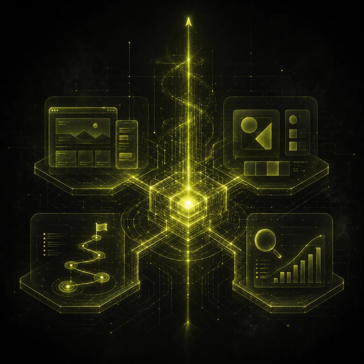 Ecosistem digital integrat care conectează identitatea de brand, dezvoltarea web, strategia, analiza datelor și vizibilitatea online într-un sistem coerent.
