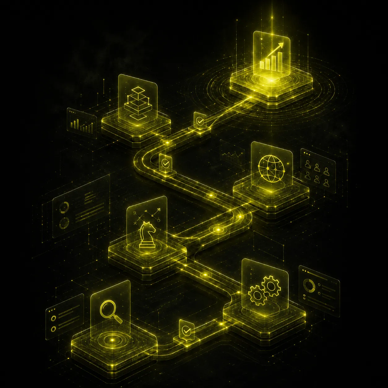 Roadmap digital abstract care conectează strategia, brandingul, dezvoltarea web, SEO și creșterea online într-un ecosistem coerent pentru business.