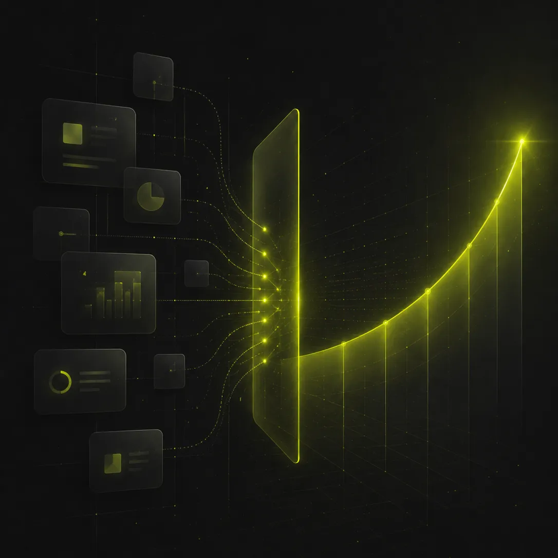 Sistem digital abstract care sugerează integrarea datelor, strategiei și creșterii online într-o arhitectură coerentă.
