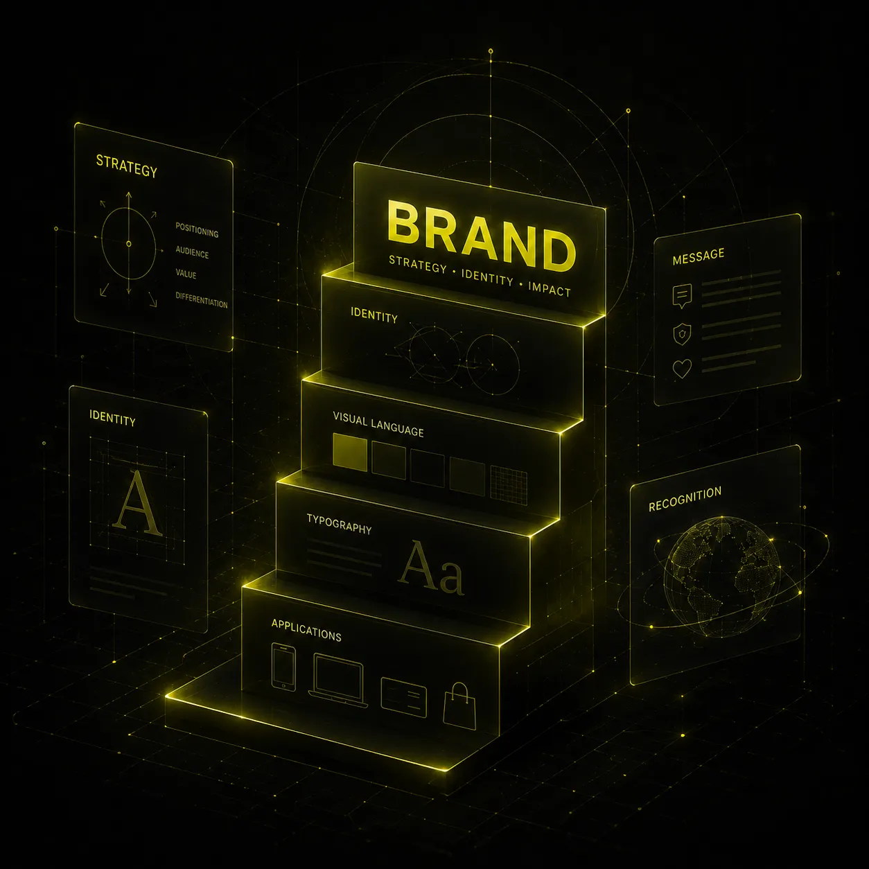 Futuristic visual system for branding, with strategy, identity, visual language, typography, messaging, and recognition connected into a coherent brand architecture.