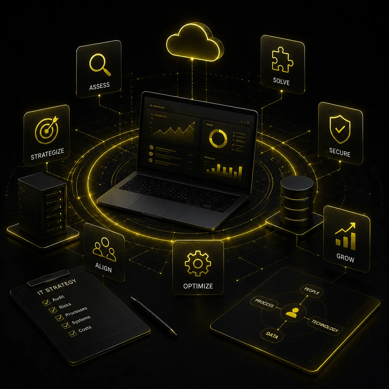 Futuristic IT consulting dashboard with digital audit, strategy, security, optimization, and growth connected into a coherent technology system.