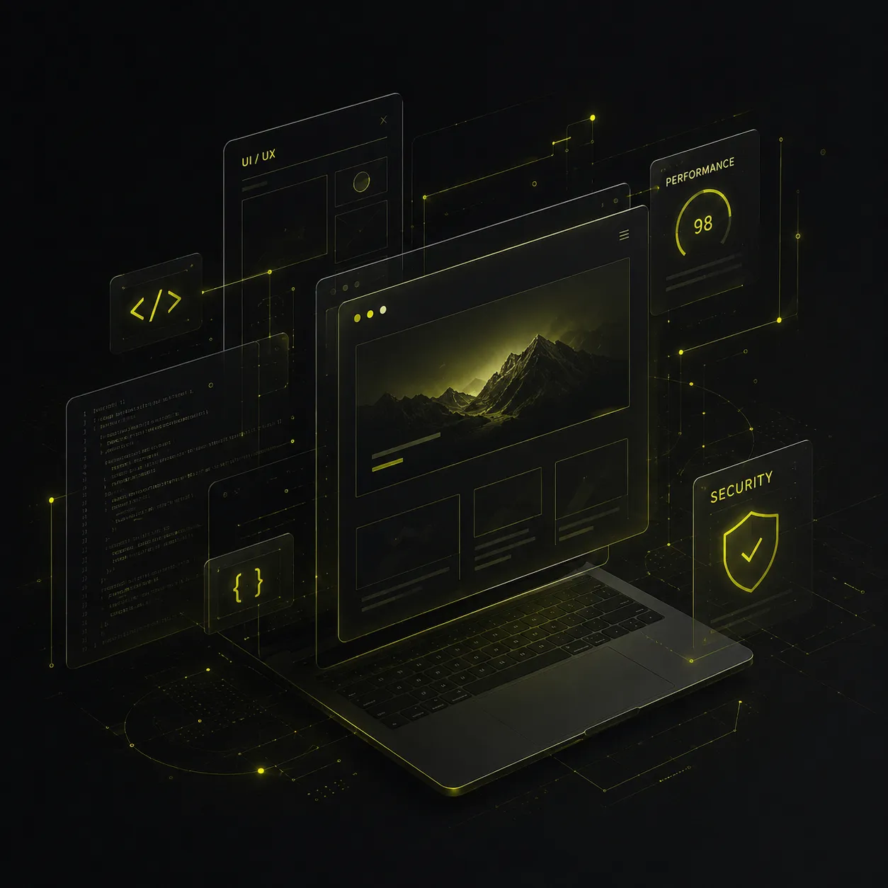 Futuristic interface for web design and development, with UI structure, code, performance, and security integrated into a coherent digital architecture.