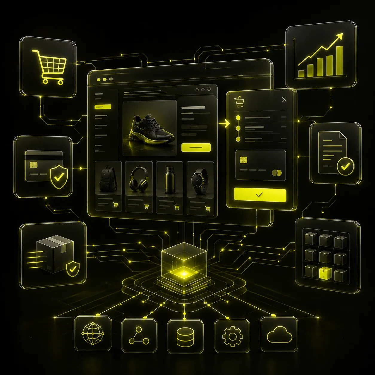 Futuristic e-commerce ecosystem with an online store, shopping cart, secure payments, delivery, invoicing, inventory, and conversion analysis connected into an integrated digital system.