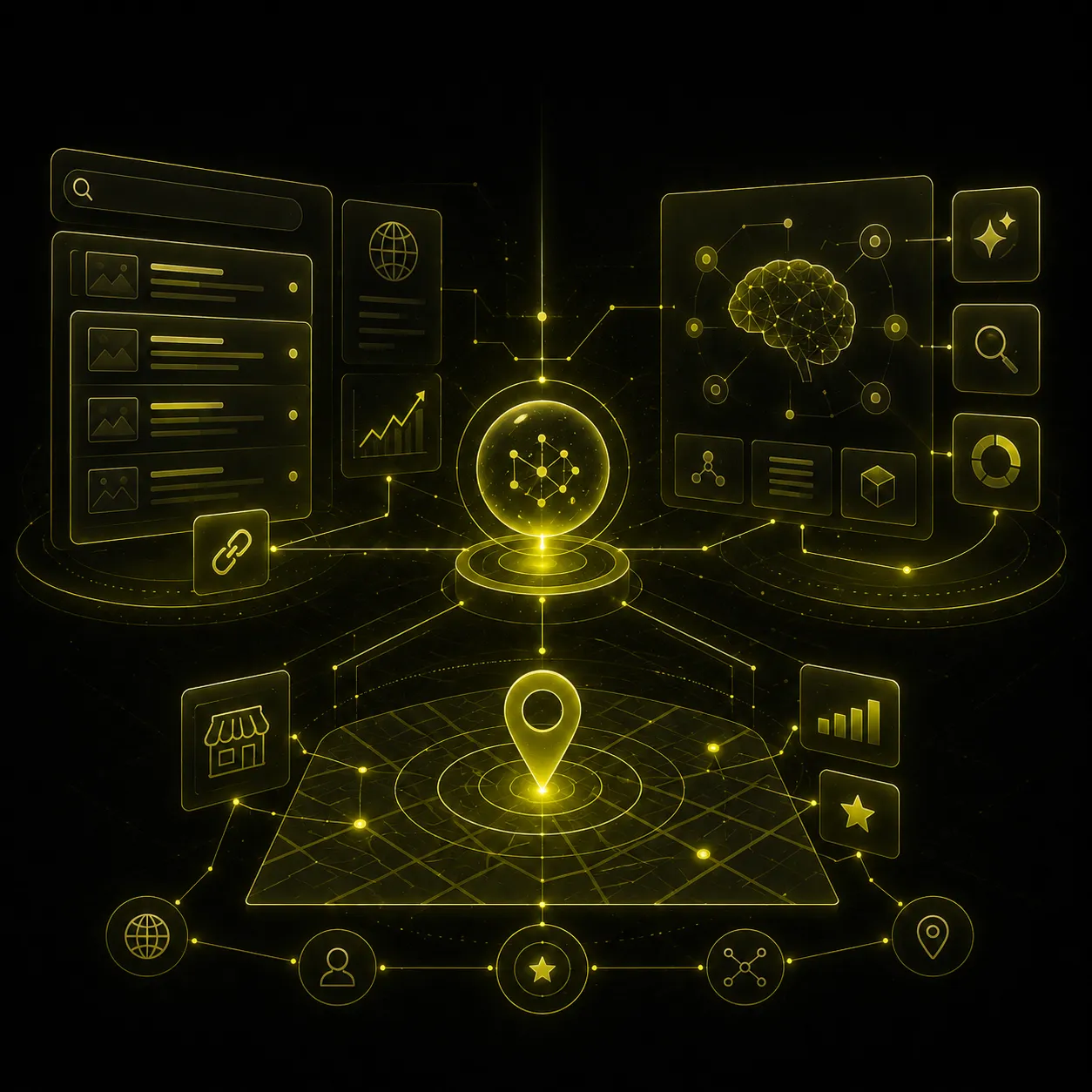 Digital ecosystem for SEO, AEO, and GEO, with search results, local map visibility, AI Search, structured data, online authority, and organic growth interconnected.