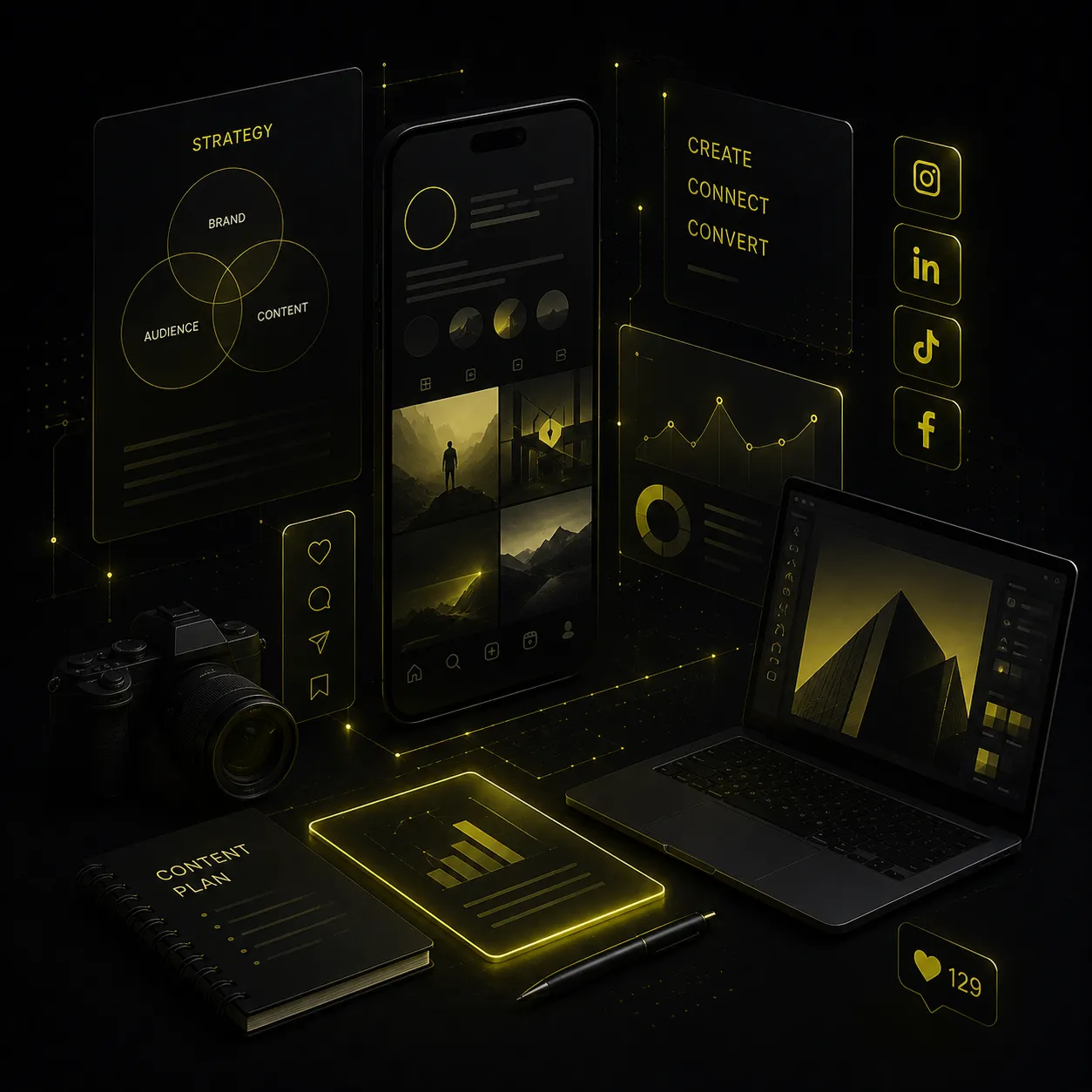 Futuristic digital space for social media and creative direction, with brand strategy, visual content, copywriting, social platforms, and performance analysis connected into a coherent system.